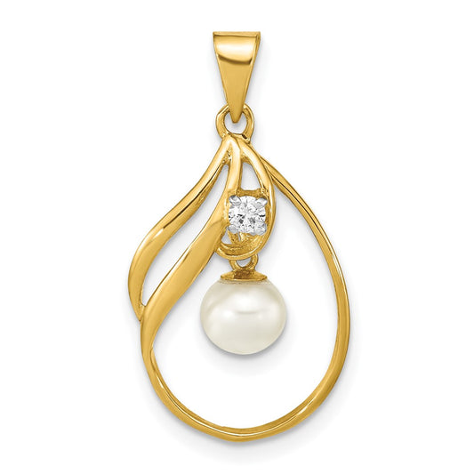 14K 5-6mm Round White FWC Pearl .05ct. Diamond Pendant